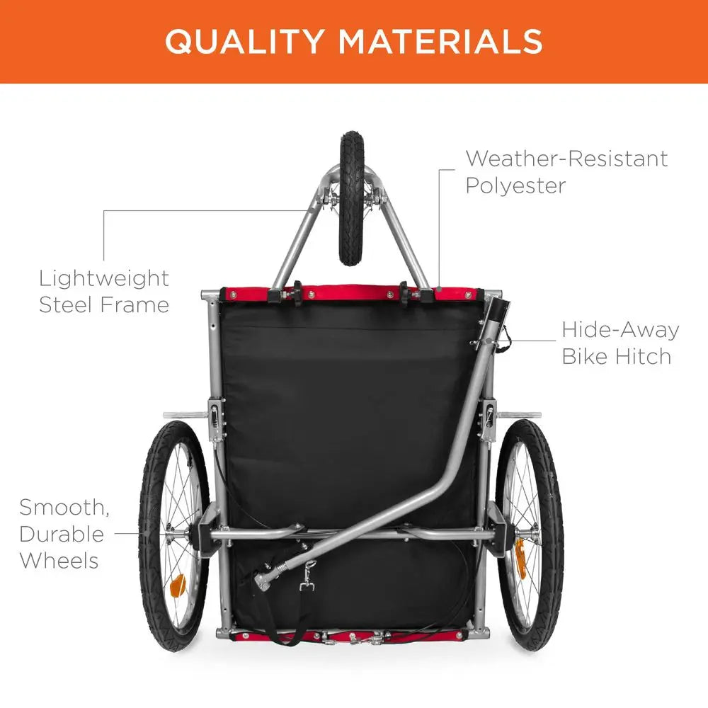 2in1 Dog Bike Trailer, Pet Stroller Bicycle Carrier w Hitch, Suspension, Visibility Flag and Reflectors, 66lb Weight Capacity