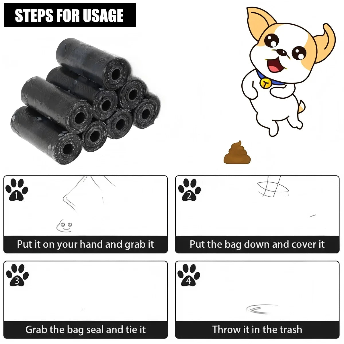 Dog Poop Bags 8 Rolls Paw Print Pattern Leak-Proof Extra Thick Pet Waste Bags Portable Disposable Puppy Walking Clean Garbage Bags