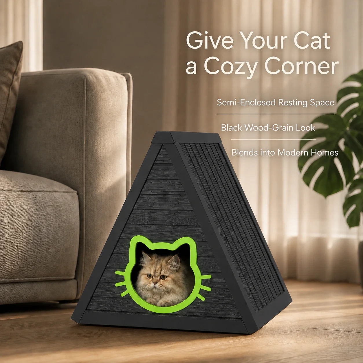 Triangular A Frame Plastic Cat House With Cute Cat Head Entrance