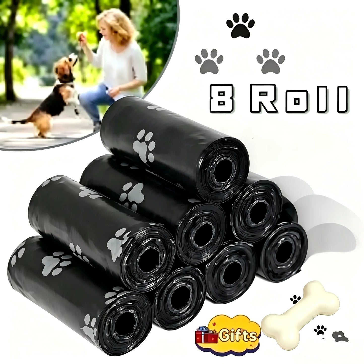 Dog Poop Bags 8 Rolls Paw Print Pattern Leak-Proof Extra Thick Pet Waste Bags Portable Disposable Puppy Walking Clean Garbage Bags