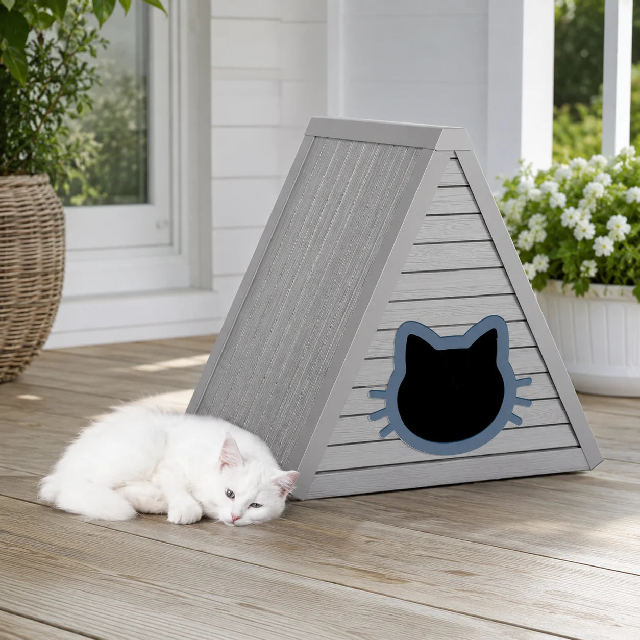Triangular A Frame Plastic Cat House With Cute Cat Head Entrance