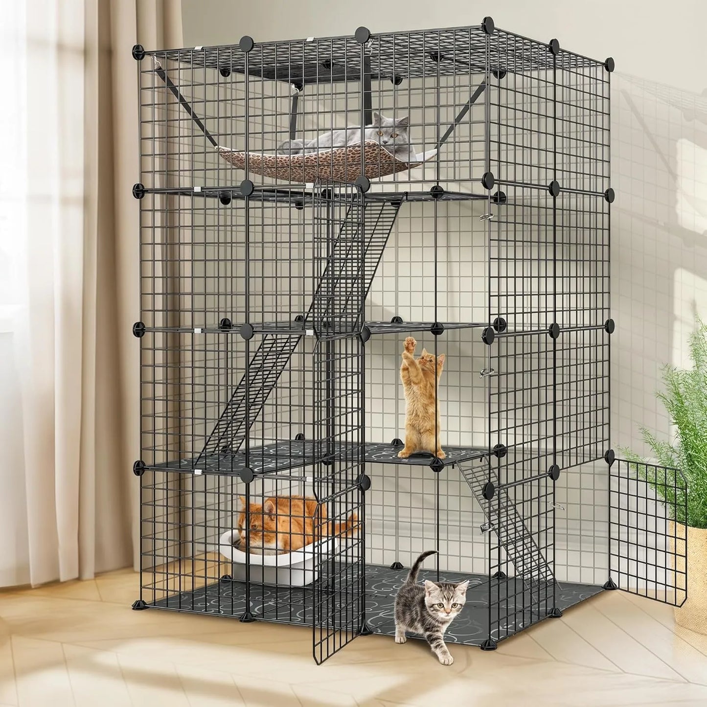 4 Tier Cat Cage Indoor Playpen With Hammock Metal Catio