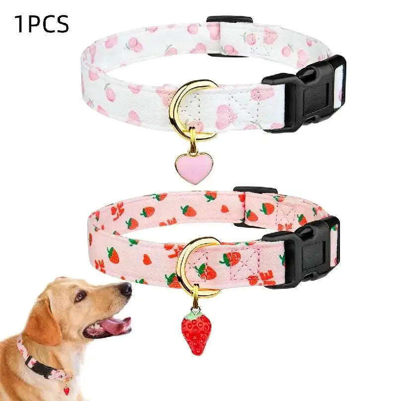 Solid Cotton Dog Cute Heart And Strawberry Design Small Medium Large Dogs Collar Handmade Pendant Pet Cat Puppies