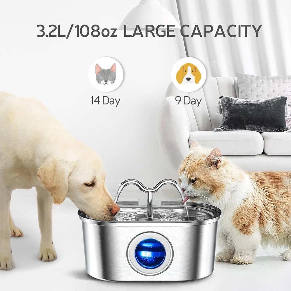 3.2L Cat Drinking Fountain Automatic Stainless Steel Pet Dogs Water Dispenser Ultra-quiet Pump Water Foutain For Multiple Pets