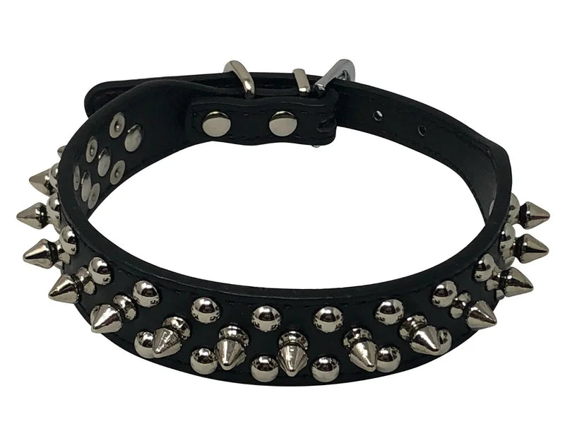 Dog Collar Studded& Spikes Rivet Adjustable 12 Colors Faux Leather  1" w  S M L