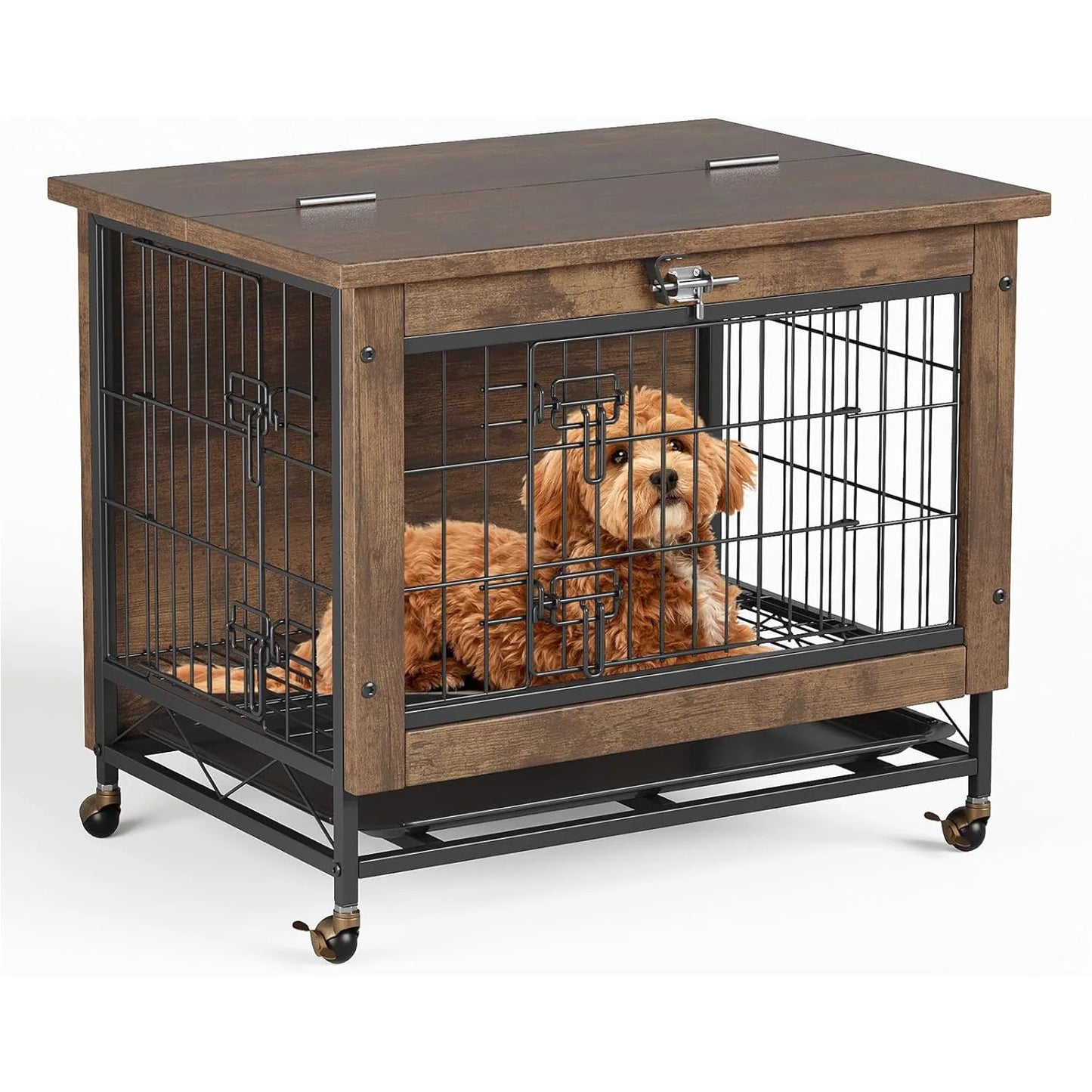 HiMISS Rustic Wood Metal Dog Crate Furniture With Wheels