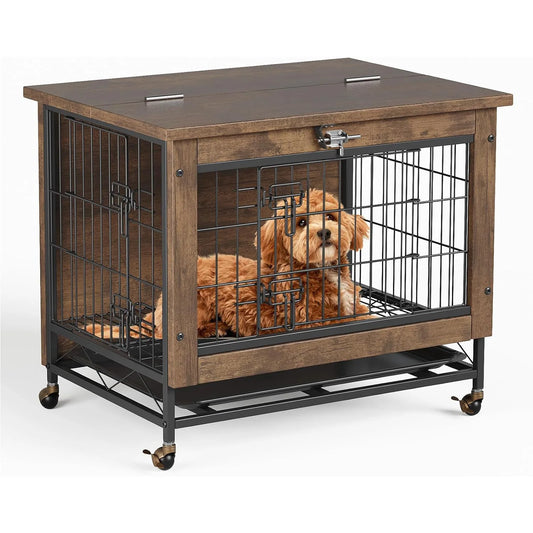 HiMISS Rustic Wood Metal Dog Crate Furniture With Wheels