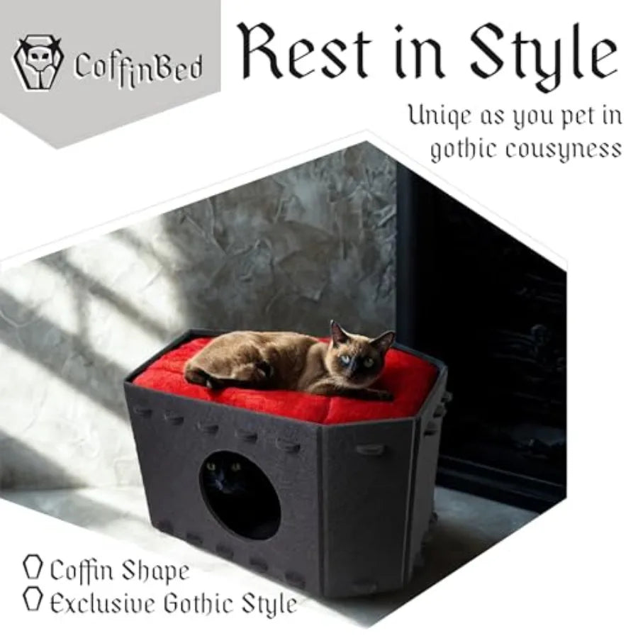Gothic Cat Bed for Indoor Cats or Pets, Foldable as Halloween Cat House with Soft Cushion for Goth Bed, Gothic Cat House, Coffi