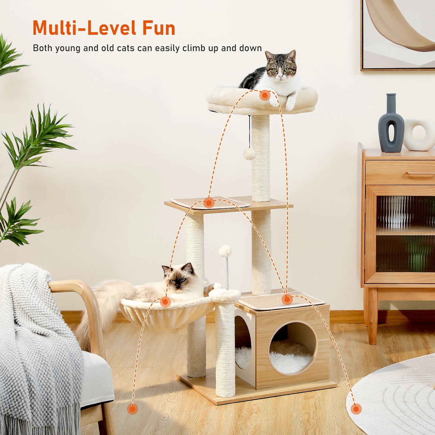 PAWZ Road Modern Cat Tree Three Level Wood Cat Tower