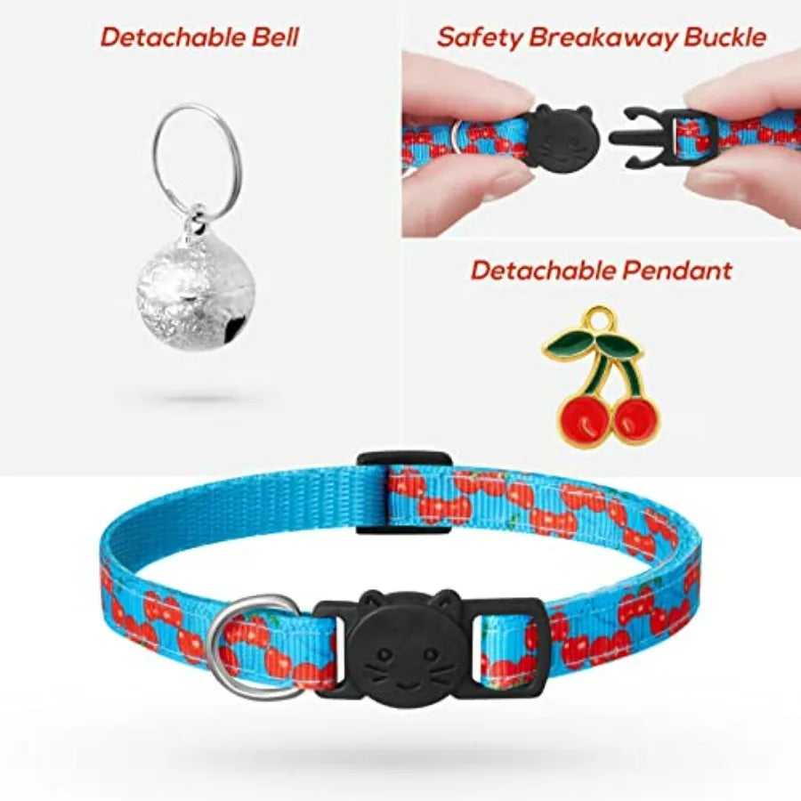 7 Pack Breakaway Cat Collars with Bells and Fruit Pendants, Safety Kitten Collar, Adjustable, Ideal for Girl Cats Boy Male Cats