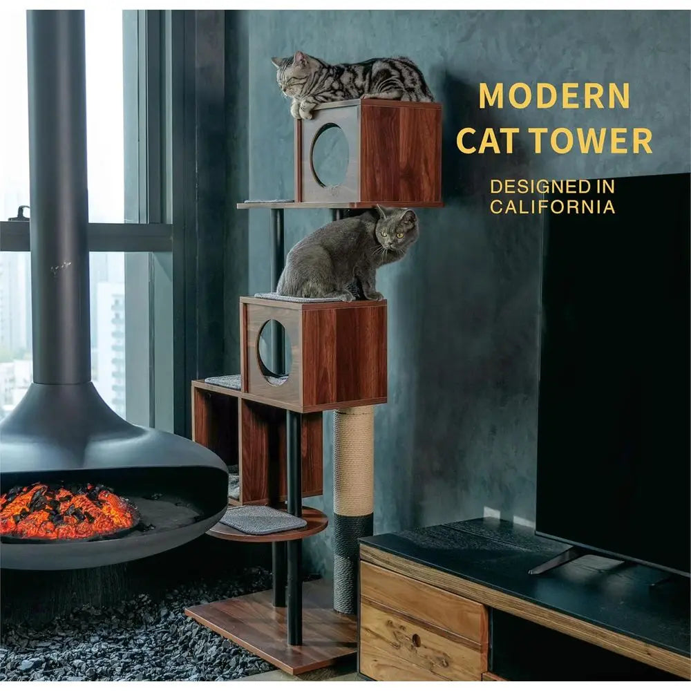 Stylish Wooden Cat Tower & Scratching Post - 60 Decor-Friendly, 48 Tall Post, 3-Level Condo for Multi-Cat Comfort