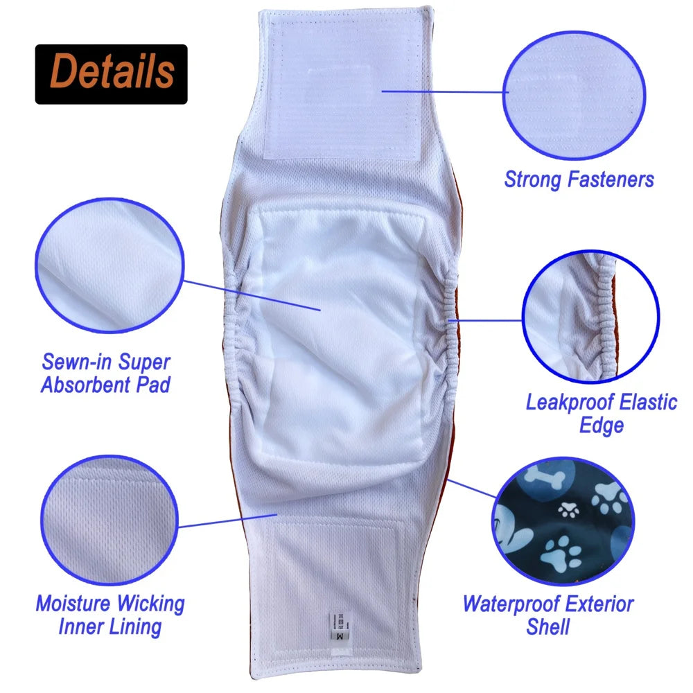 3 Pcs Washable Male Dog Diaper Cute Claw Bone Print Pet Sanitary Panties for Puppy Reusable Nappy Belly Wrap Leak Proof Diapers