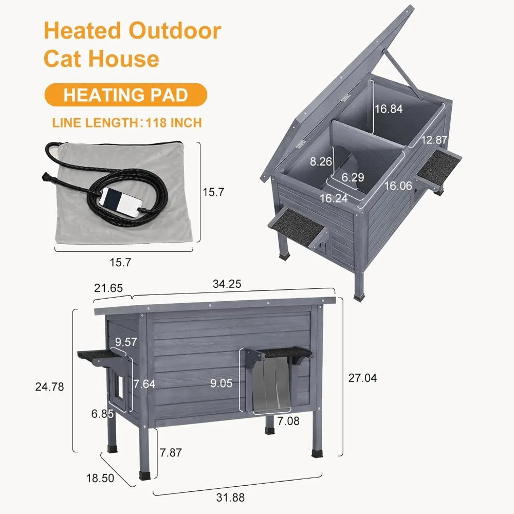 Weatherproof Insulated Outdoor Cat House with Heating Pad - Feral Cat Shelter for Winter, Escape Door, and PVC Curtain