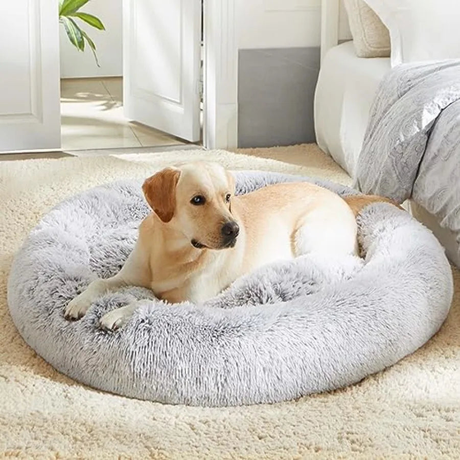 Calming anti-anxiety donut dog cuddler bed for small medium dogs and cats faux fur plush beige ultra-soft warming cozy round cu