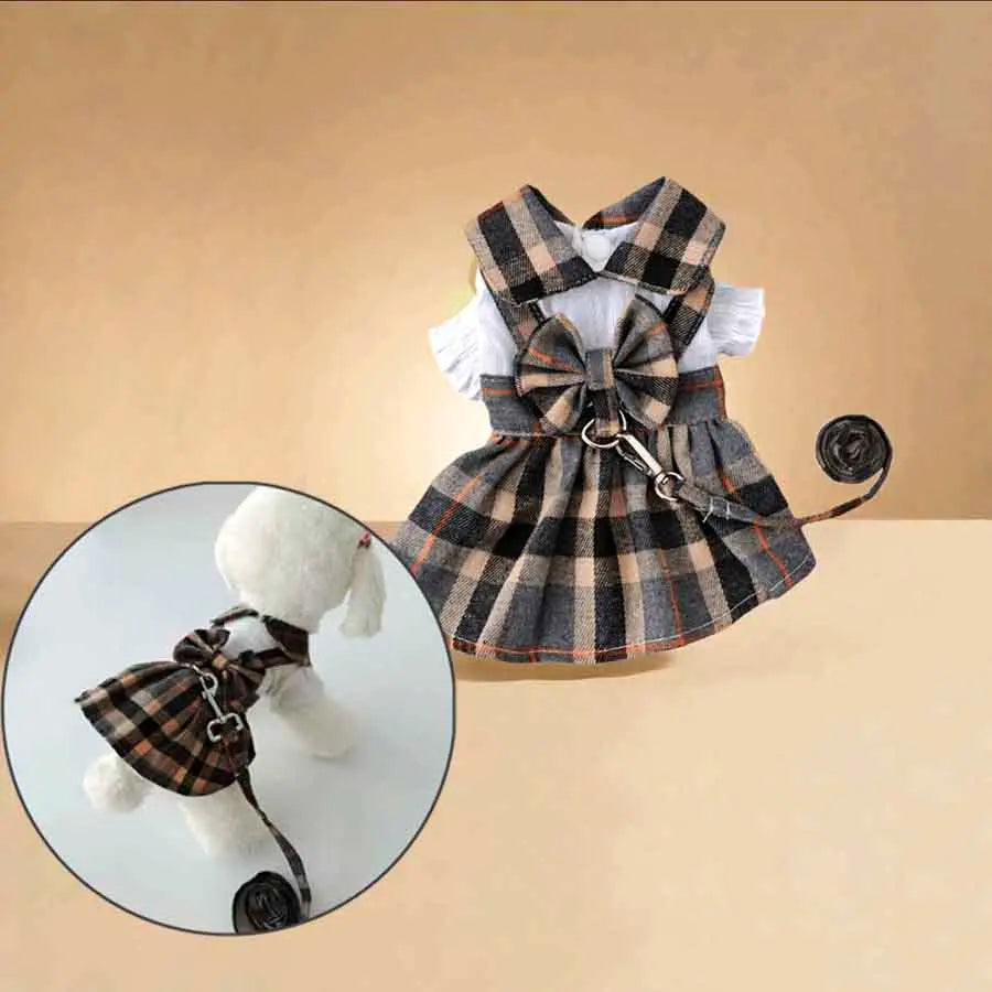 1pc Cute Dog Clothes Plaid Dress With Bowknot Back, Adjustable Leash, Suitable For Cats Dogs Pets, Spring Summer Daily Outfit