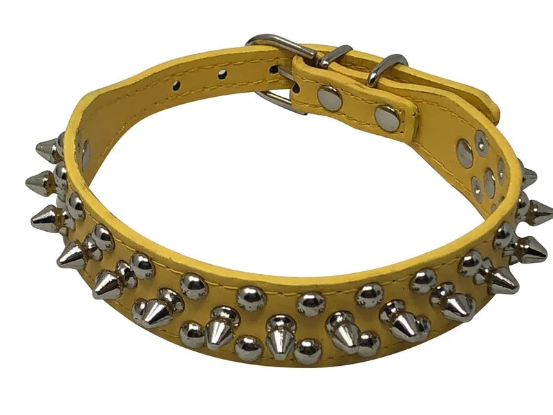 Dog Collar Studded& Spikes Rivet Adjustable 12 Colors Faux Leather  1" w  S M L