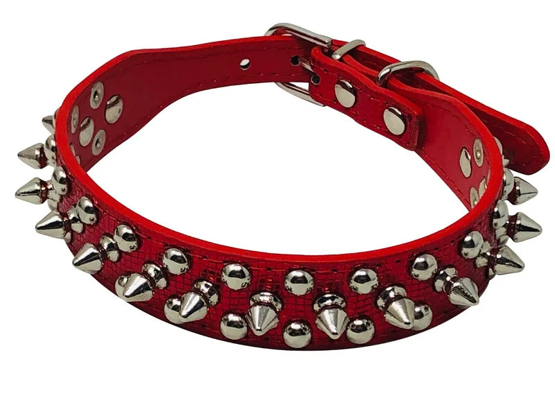 Dog Collar Studded& Spikes Rivet Adjustable 12 Colors Faux Leather  1" w  S M L