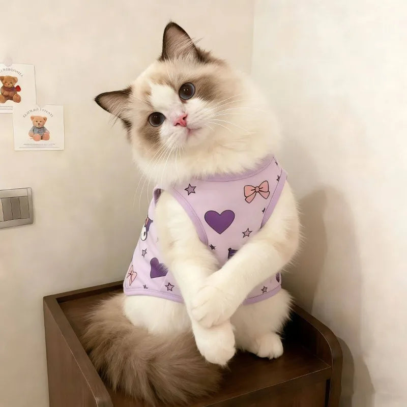 Hello Kitty Cat Tank Top, Anti-Shedding Cute Cartoon Sleeveless Summer Shirt for Cats, Lightweight Breathable Pet Clothes