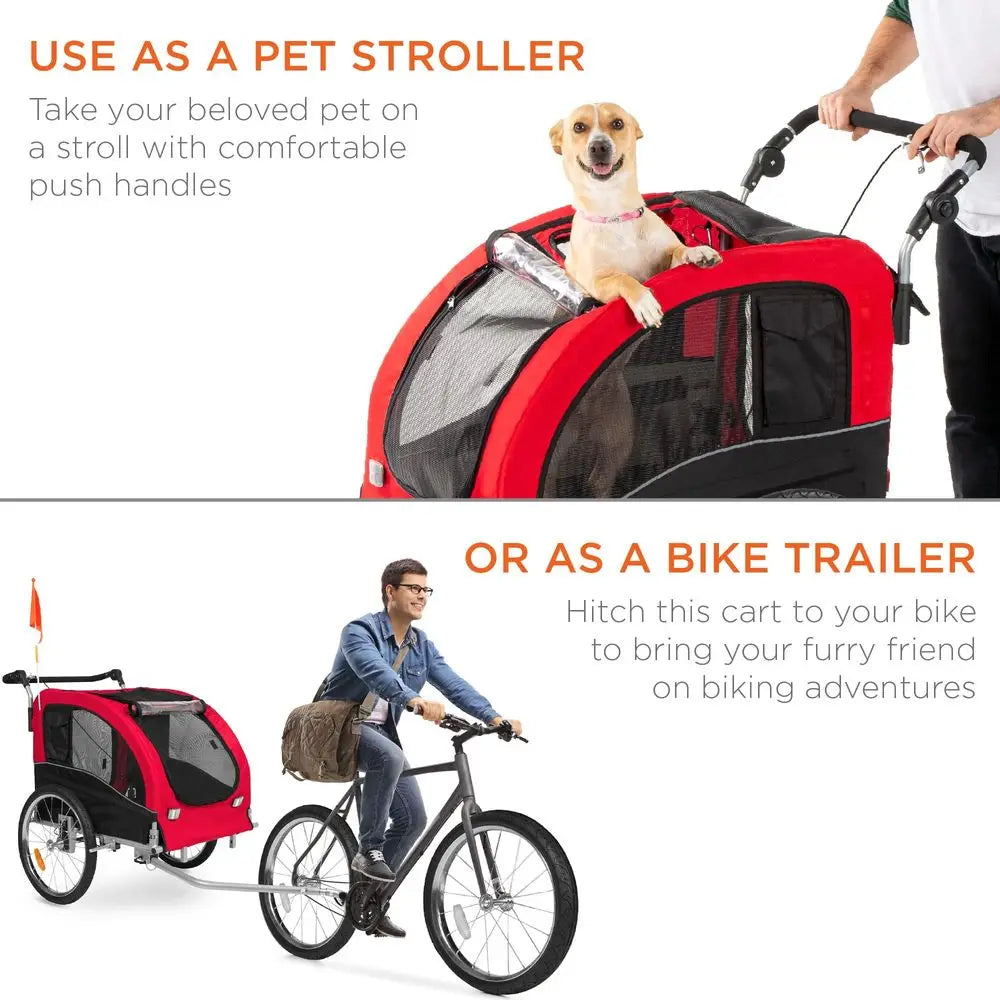 2in1 Dog Bike Trailer, Pet Stroller Bicycle Carrier w Hitch, Suspension, Visibility Flag and Reflectors, 66lb Weight Capacity
