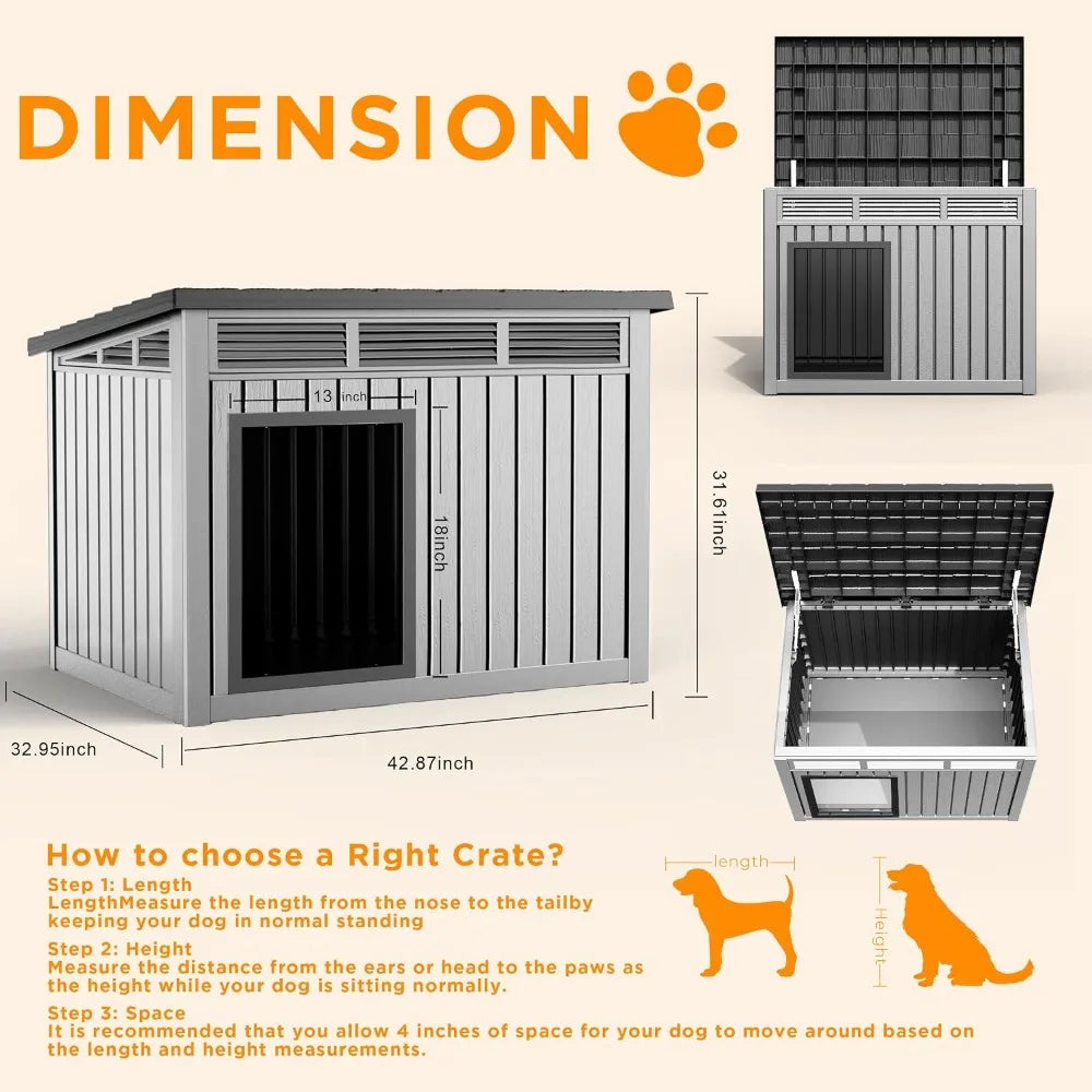 DRATO Large Dog House Outdoor Indoor Weatherproof Removable Roof Gray 42.9x32.9x31.6in