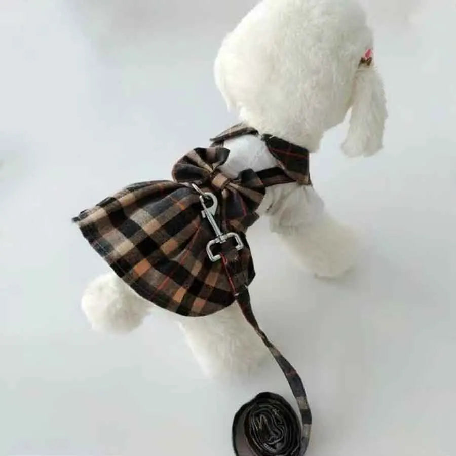 1pc Cute Dog Clothes Plaid Dress With Bowknot Back, Adjustable Leash, Suitable For Cats Dogs Pets, Spring Summer Daily Outfit