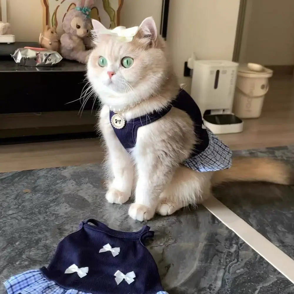 Pet Apparel Korean Style Dog Princess Skirt Breathable Thin Pet Strap Dress Bowknot Plaid Soft Pet Summer Clothes for Puppy Cats