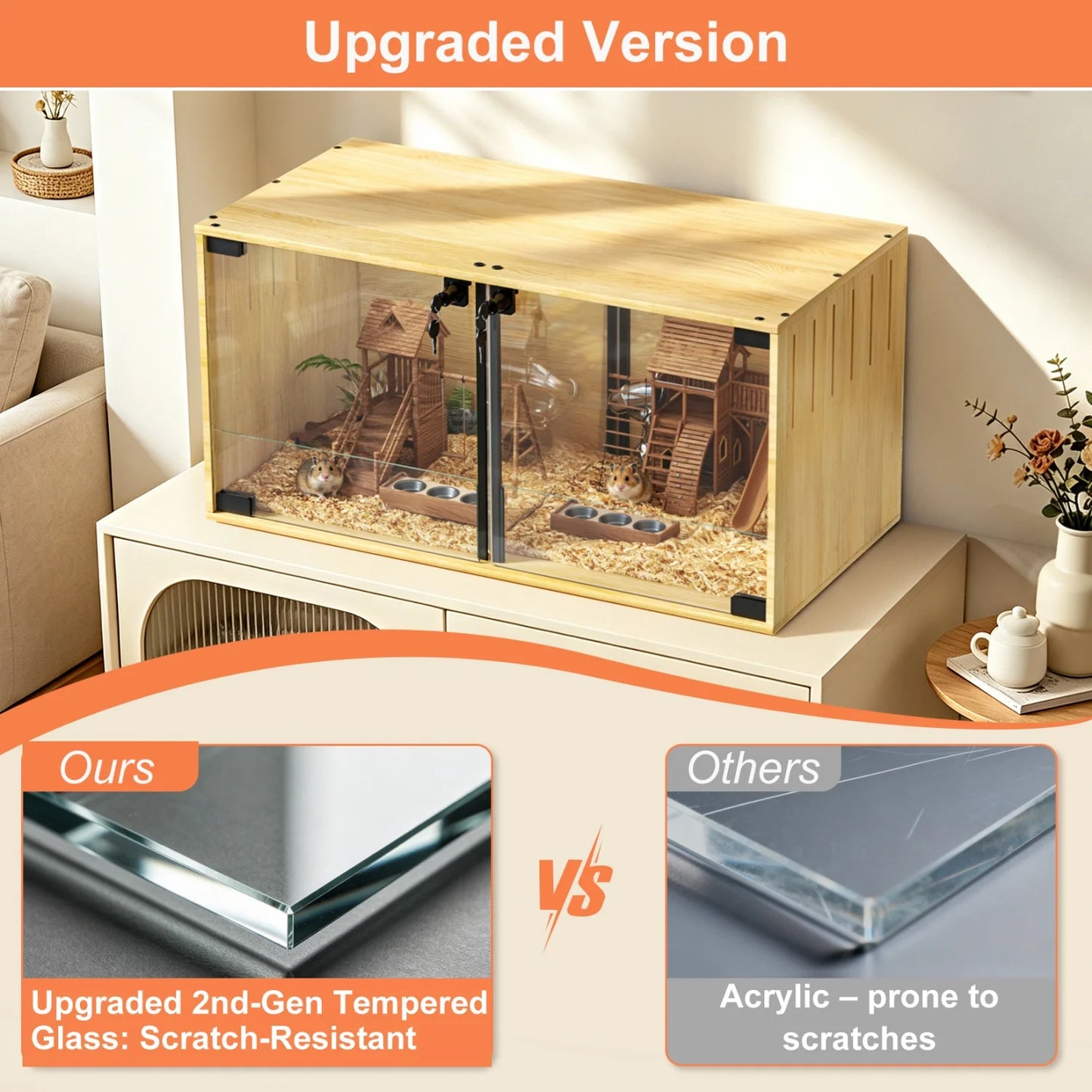 Wooden Small Pets Cage With Removable Divider Chewproof Tempered Glass