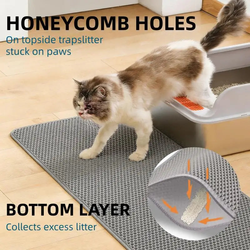 Double-Layer Cat Litter Mat Large Honeycomb Trapping Pad Waterproof Washable Soft EVA Pet Litter Box Catching Mat Anti-Slip Urine Proof Easy Clean Floor Protector with Side Opening for Cats Kittens Accessories