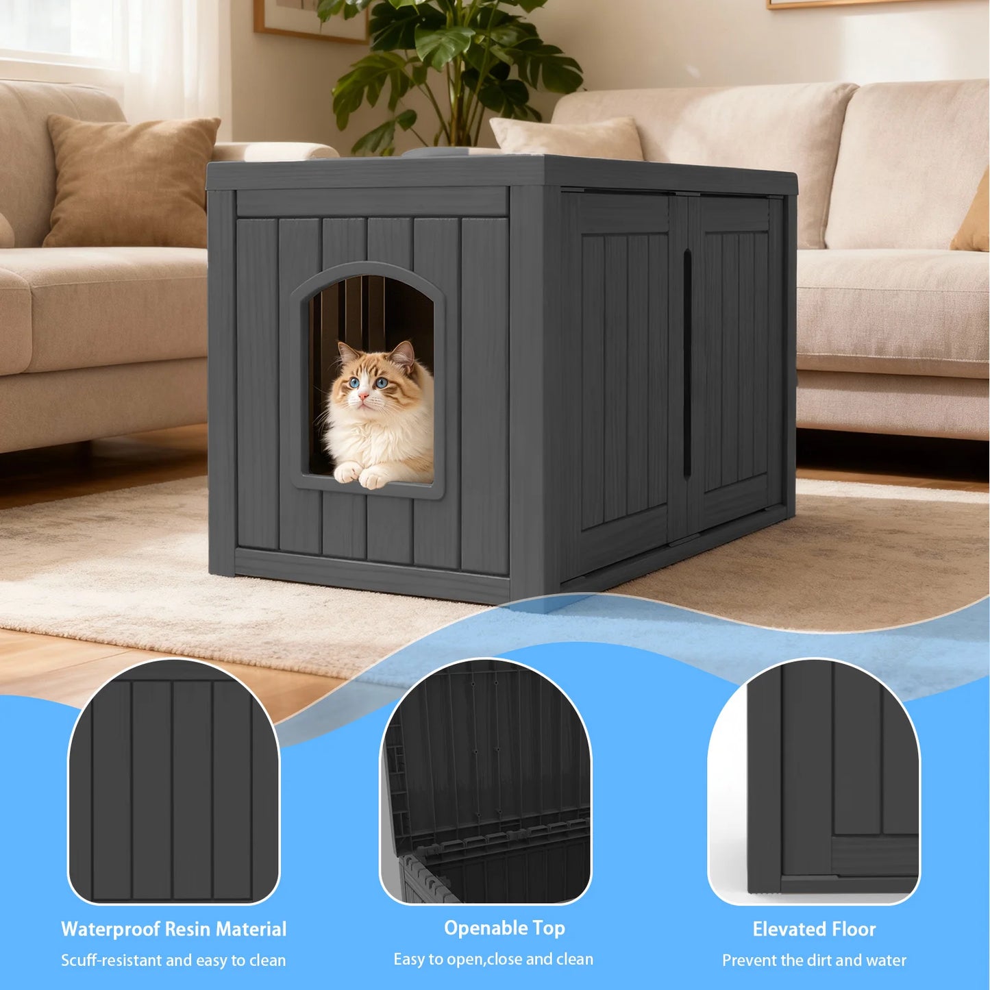 Hidden Resin Cat House Weatherproof Indoor Outdoor Shelter With Doors