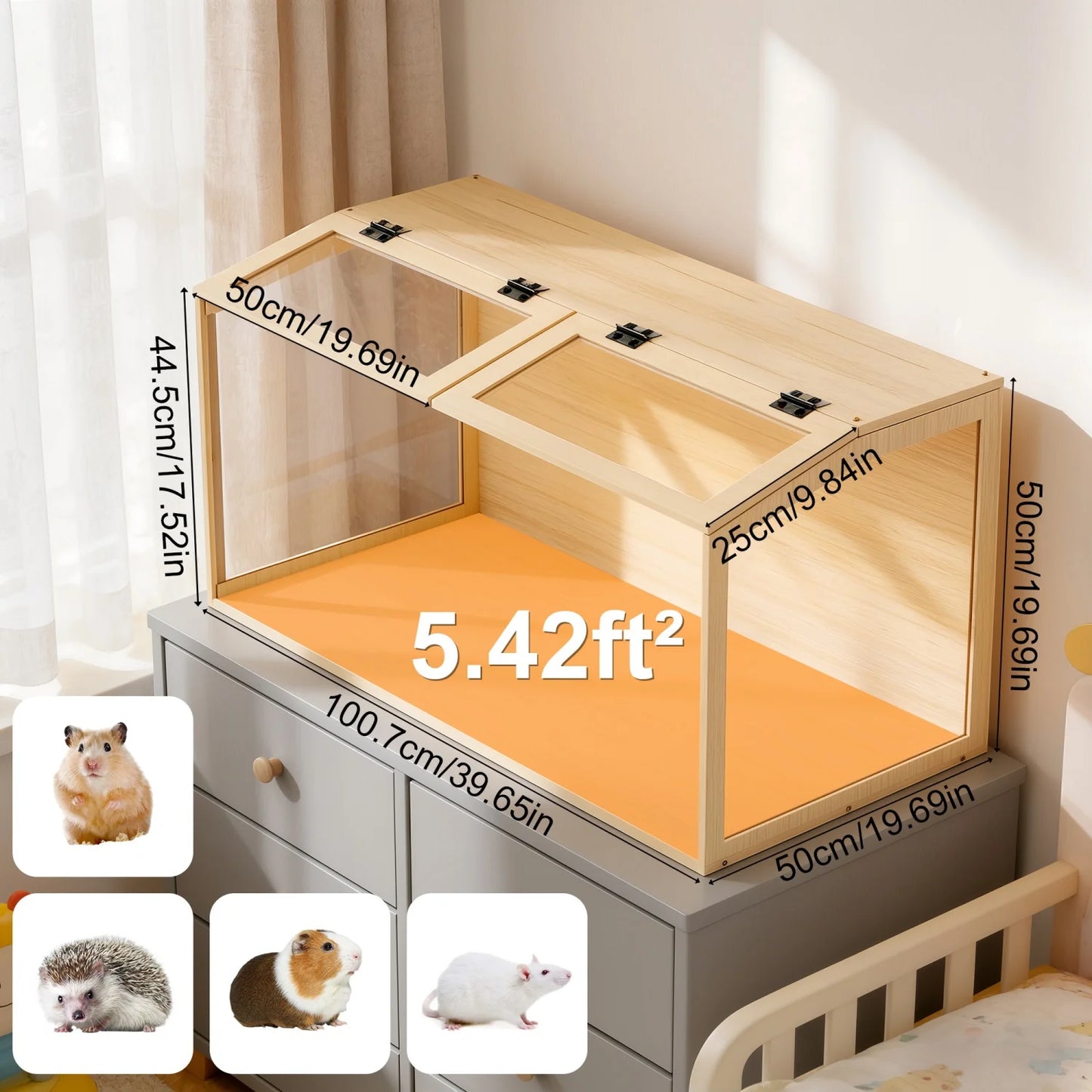 Chewproof Wooden Hamster Cage With Tempered Glass Panels LED Light