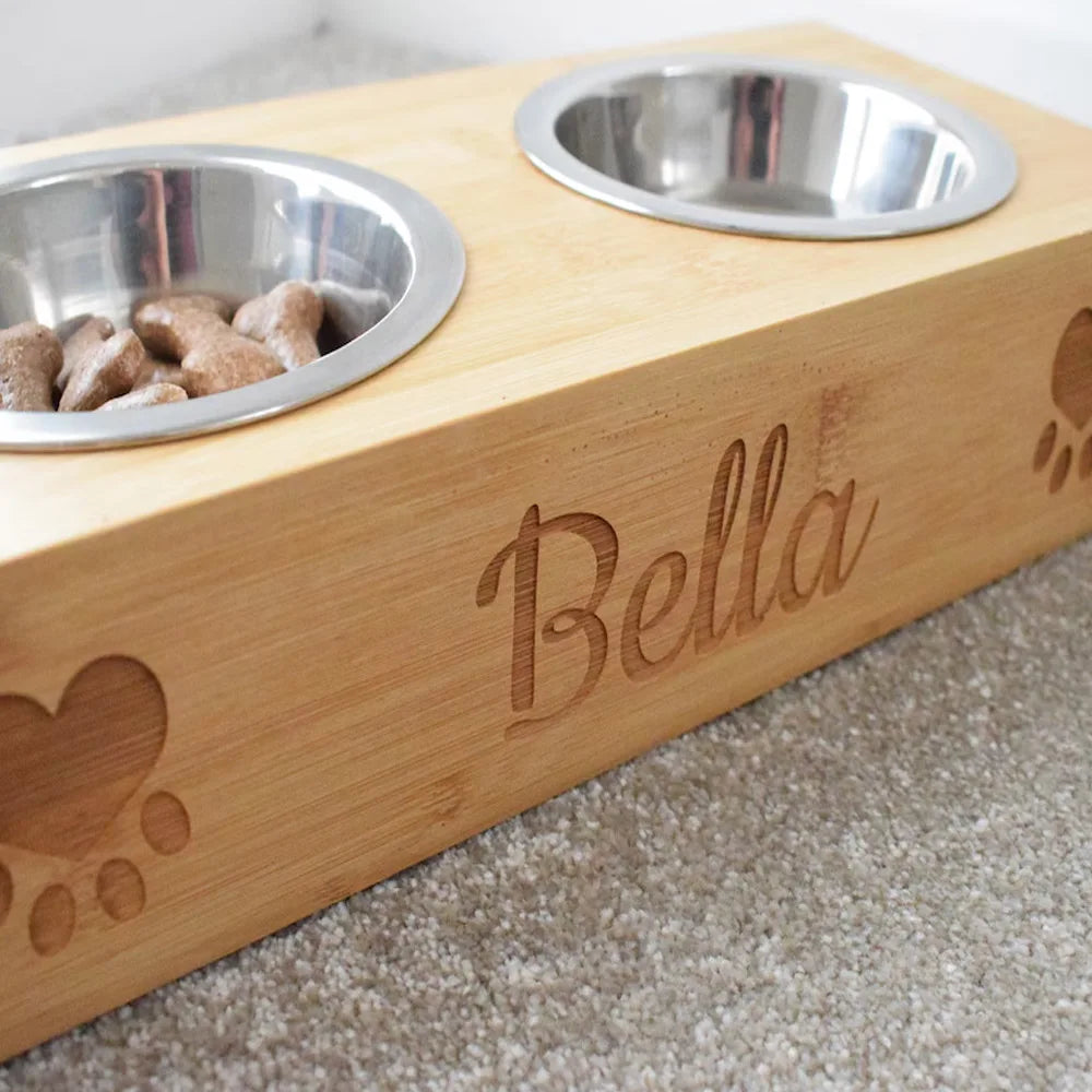 Personalized Two In One Pet Feeder With Stainless Steel Bowls Pet Name Engraving