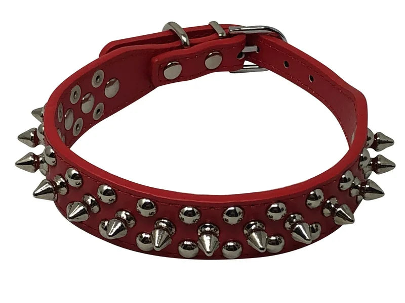 Dog Collar Studded& Spikes Rivet Adjustable 12 Colors Faux Leather  1" w  S M L
