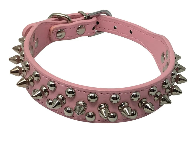 Dog Collar Studded& Spikes Rivet Adjustable 12 Colors Faux Leather  1" w  S M L