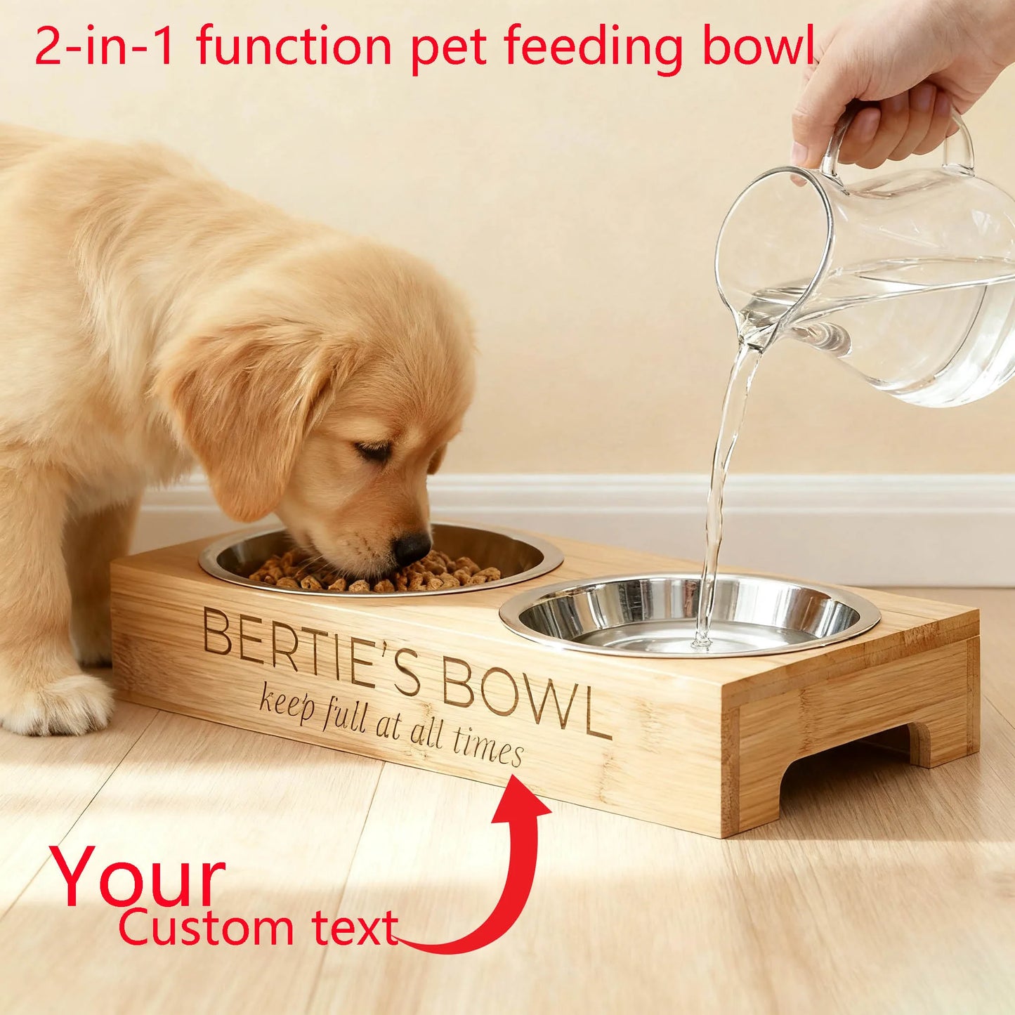 Personalized Two In One Pet Feeder With Stainless Steel Bowls Pet Name Engraving