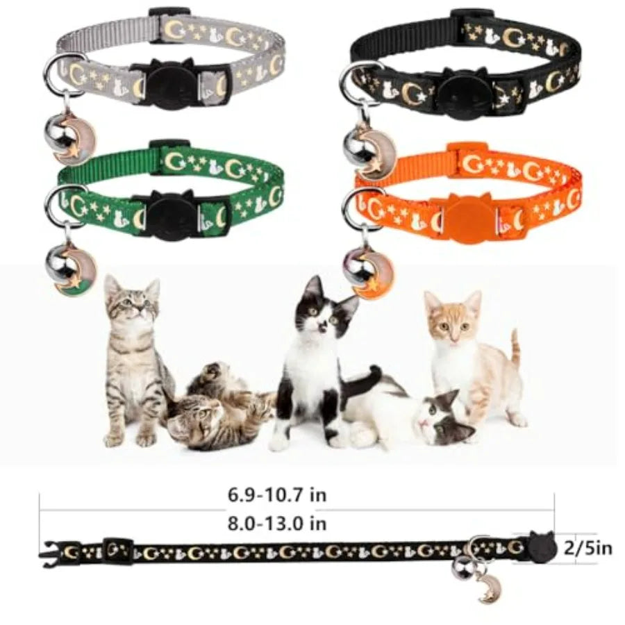 4PCS Cat Collar with Bells, Breakaway Cat Collars, Kitten Collar with Bell Moons Stars Cute Kitty Safe Kitten Collars with Pend