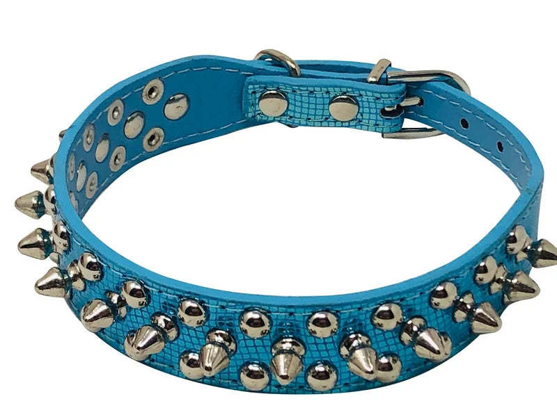 Dog Collar Studded& Spikes Rivet Adjustable 12 Colors Faux Leather  1" w  S M L