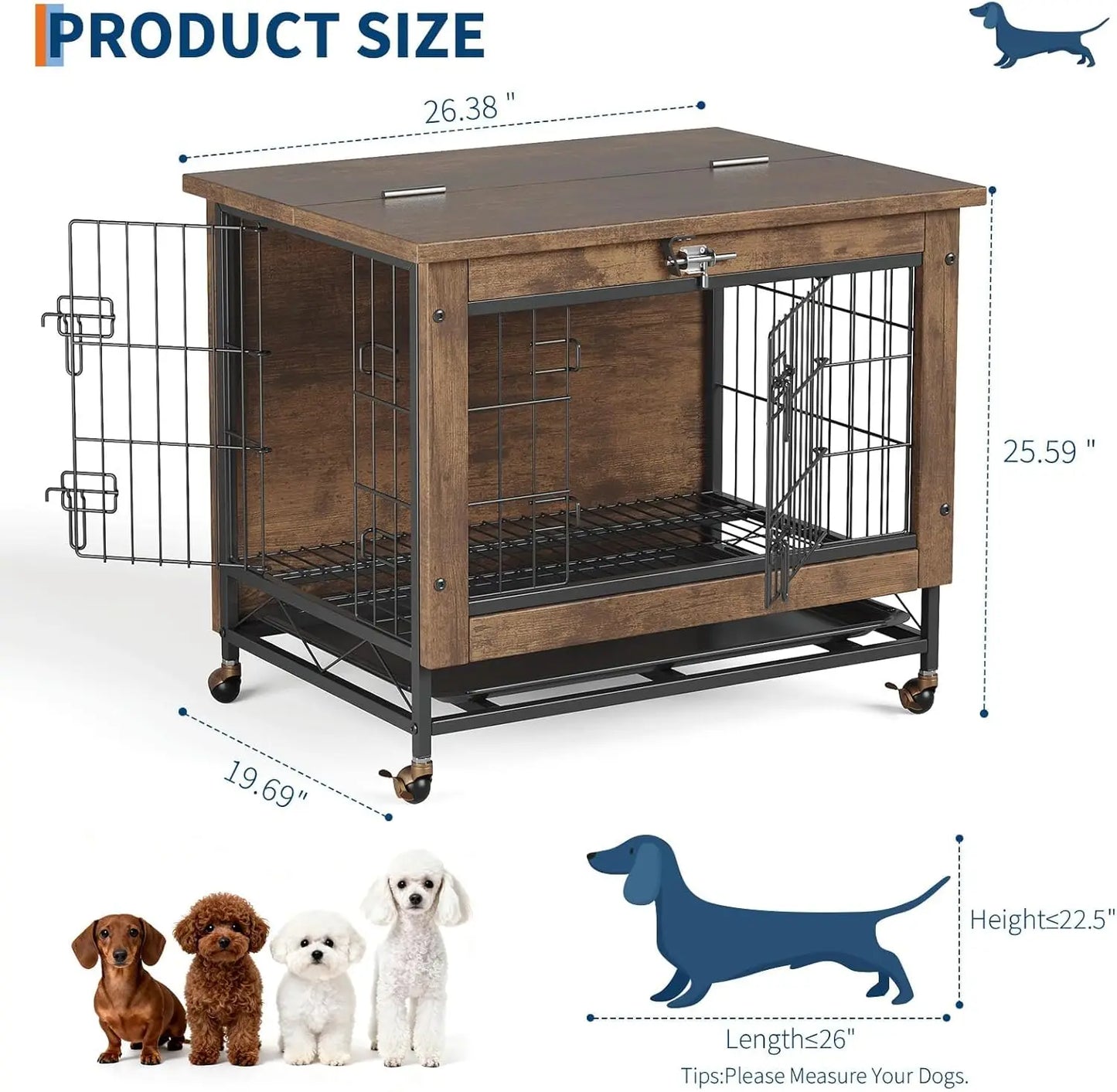 HiMISS Rustic Wood Metal Dog Crate Furniture With Wheels