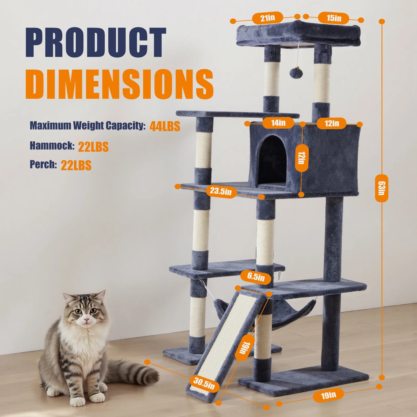 MCQ 63IN Cat Tree Tower Natural Sisal Scratching Posts Multi Level Cat Climbing Tower with Condo Pet House for Indoor Cats