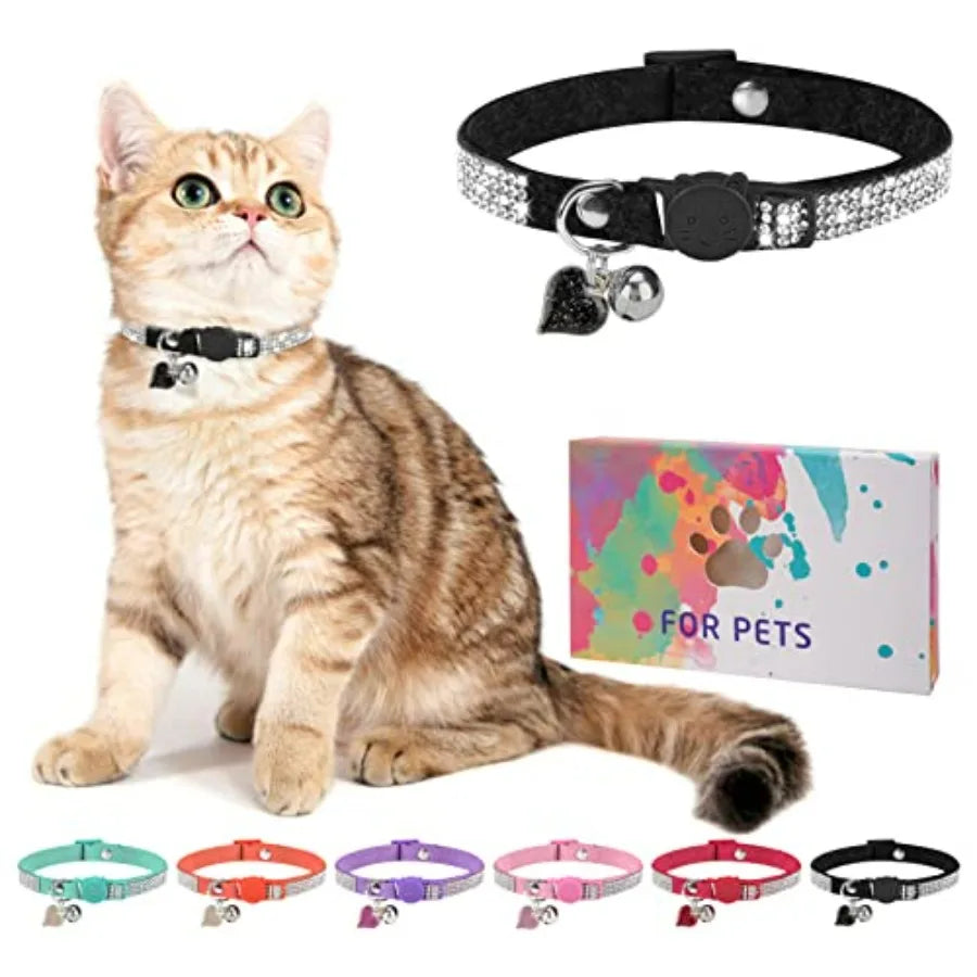 Rhinestone Cat Collar Breakaway with Bell, Diamond Cat Collar with Safety Buckle Quick Release for Girl Boy Small Kitten Pets P