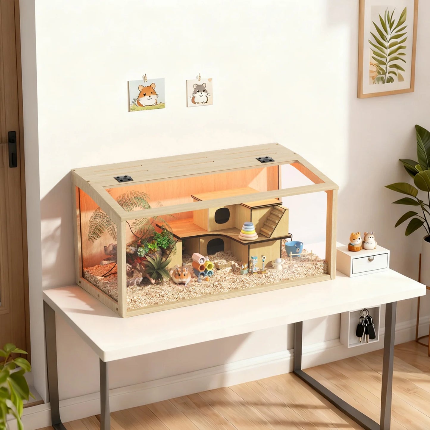 Chewproof Wooden Hamster Cage With Tempered Glass Panels LED Light