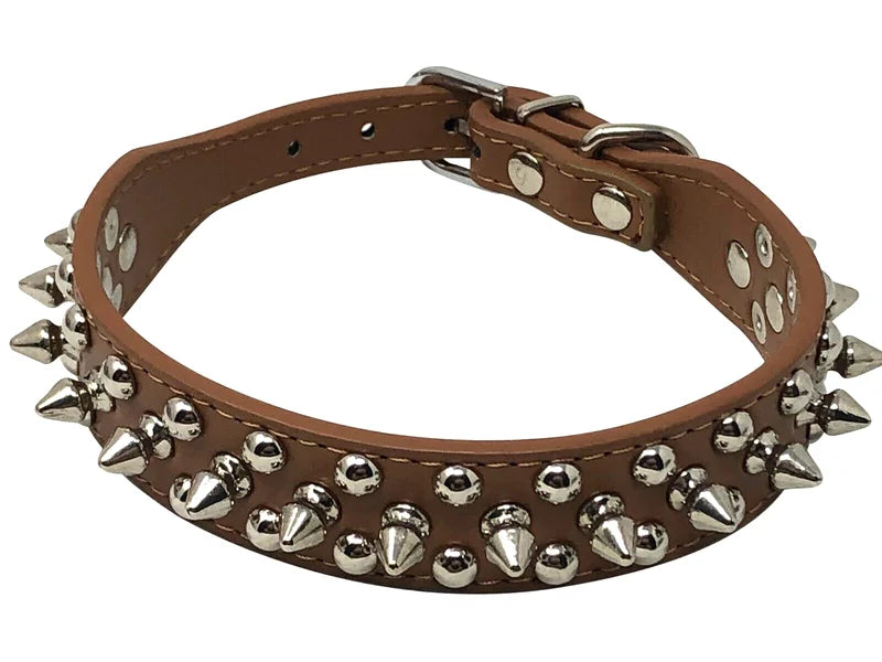 Dog Collar Studded& Spikes Rivet Adjustable 12 Colors Faux Leather  1" w  S M L