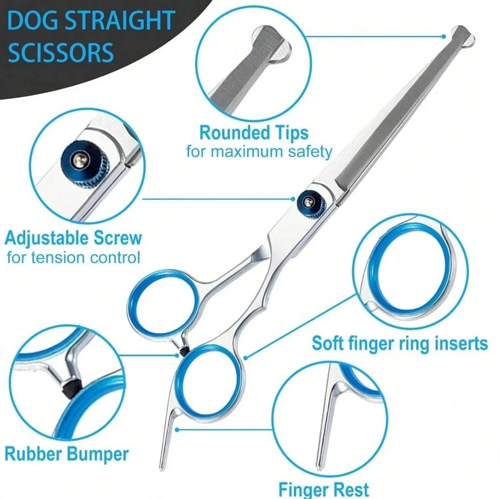 Professional Pet Grooming Scissors Kit Stainless Steel Dog Cat Hair Cutting Thinning Curved Straight Trimmer Shears with Comb & Case