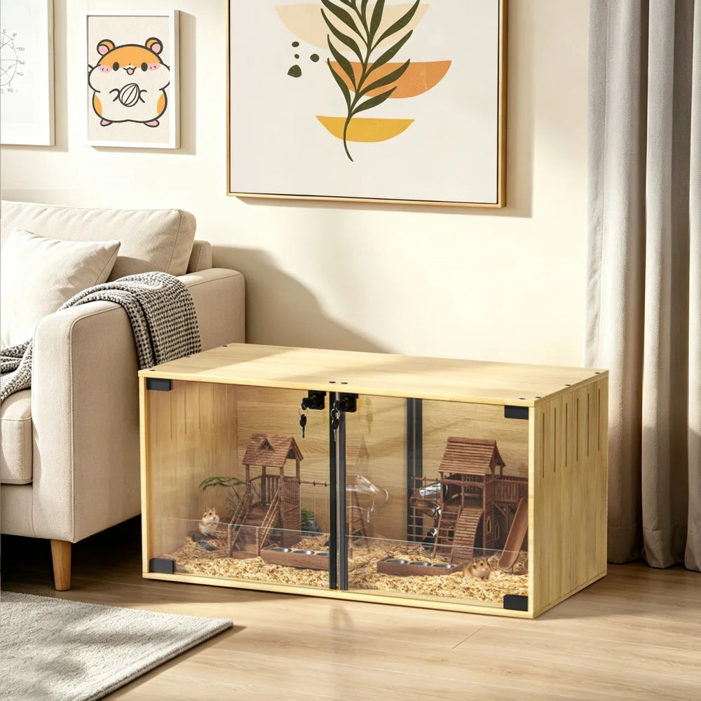 Wooden Hamster Cage Chewproof For Small Pets With Dual Doors