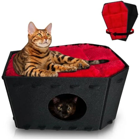 Gothic Cat Bed for Indoor Cats or Pets, Foldable as Halloween Cat House with Soft Cushion for Goth Bed, Gothic Cat House, Coffi