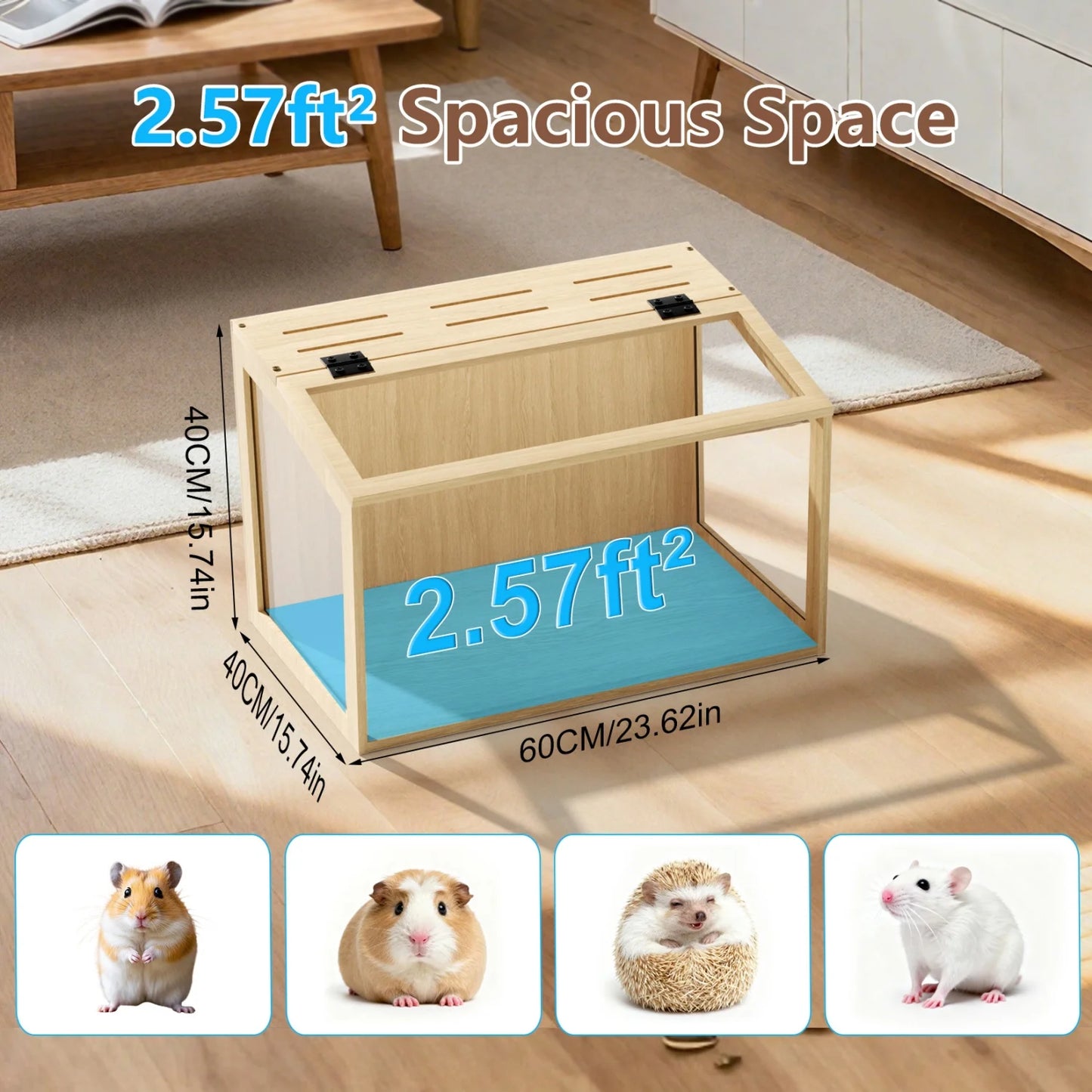 Chewproof Wooden Hamster Cage With Tempered Glass Panels LED Light