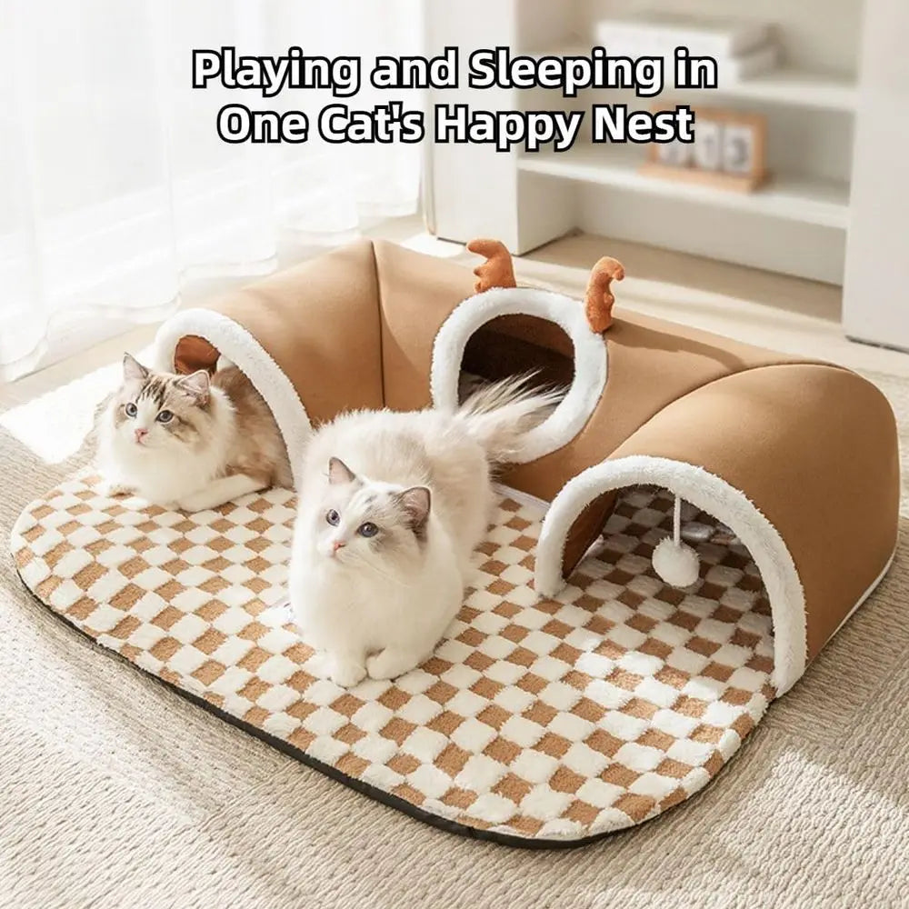 X-Large Brown Indoor Cat Tunnel Bed with Peekaboo Cave and Balls Toys, Removable Washable Cover for Small Dogs and Animals