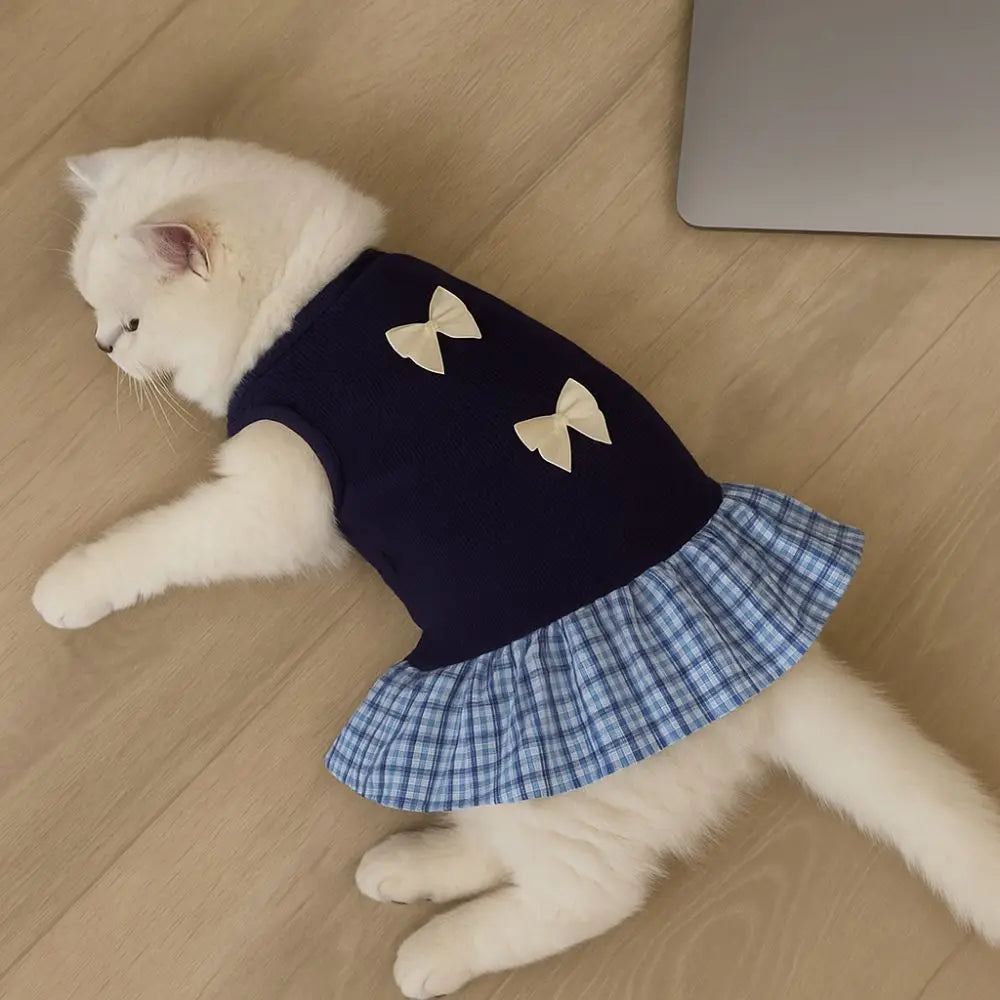 Pet Apparel Korean Style Dog Princess Skirt Breathable Thin Pet Strap Dress Bowknot Plaid Soft Pet Summer Clothes for Puppy Cats