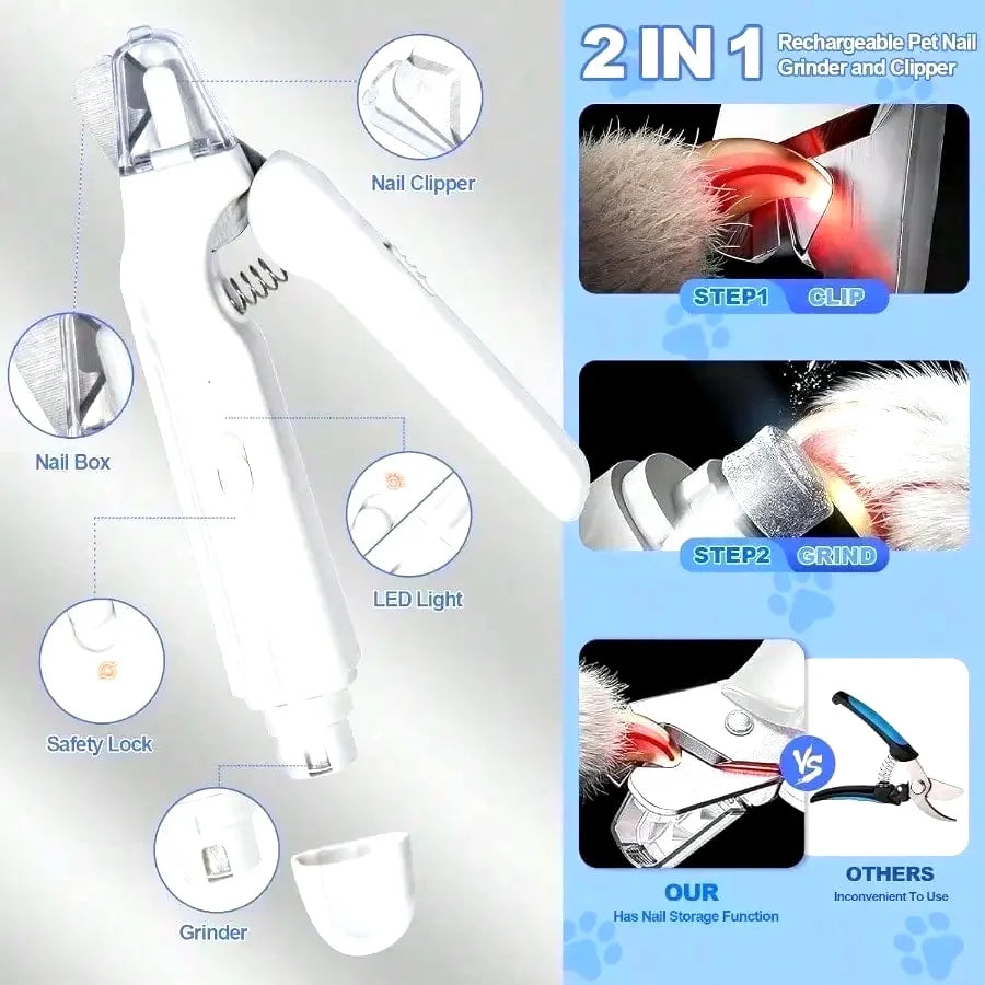 New model 2-In-1 Dog Nail Clippers With Lights - Electric Pet Nail Grinder Quiet, Suitable For Small Large Dogs And Cats, LED Prevents Over-Cutting, USB-C Rechargeable Safety Protection Grooming Kit For Black Nails