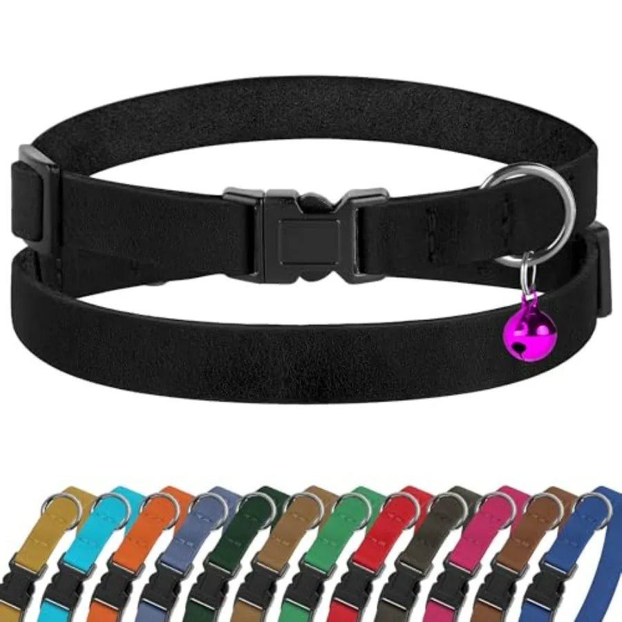 Breakaway Cat Collar Leather with Removable Bell - 13 Colors Available - Soft Adjustable Girl Boy Safety Lightweight Pet Kitten