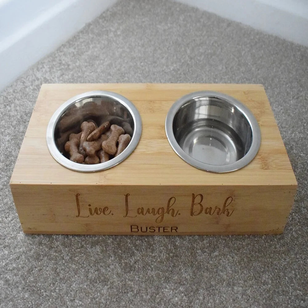 Personalized Two In One Pet Feeder With Stainless Steel Bowls Pet Name Engraving